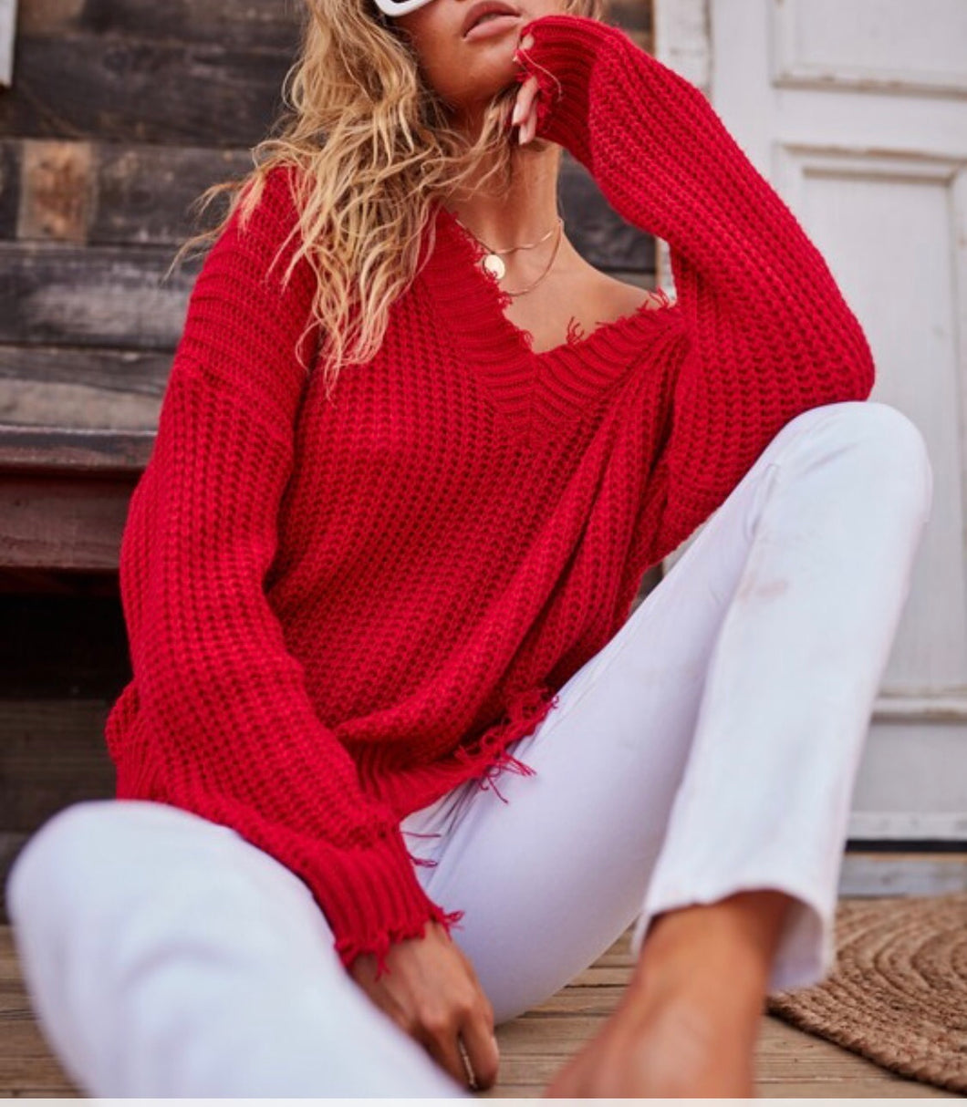Bianca Frayed Sweater (Red)