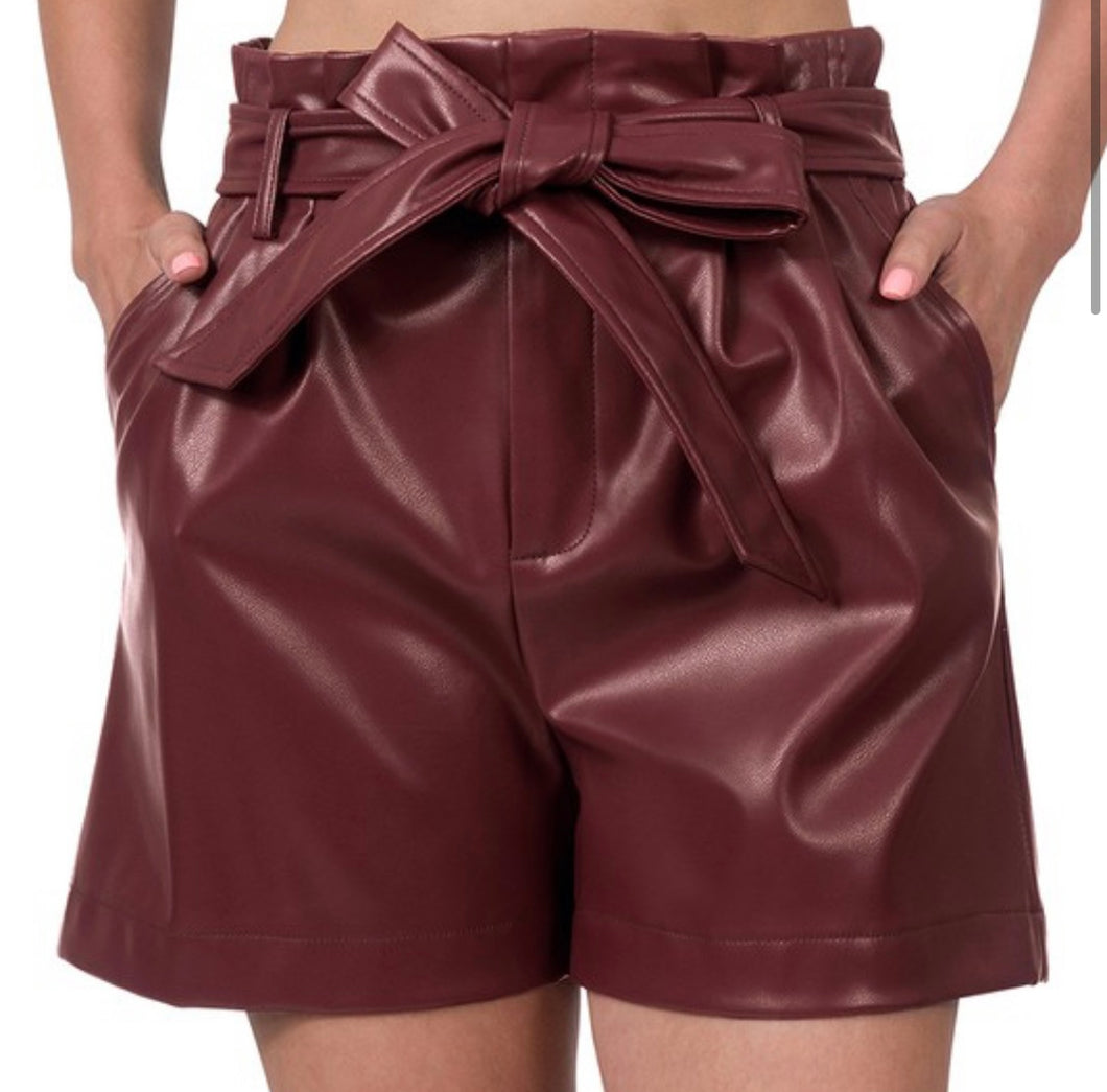 Vegan Faux Leather Shorts (Burgundy)